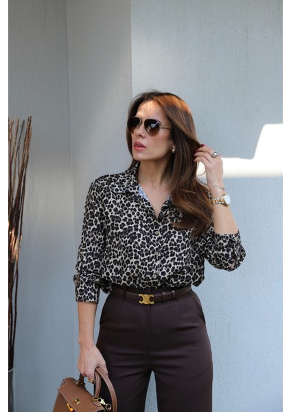Bej Leopar Desenli Gömlek