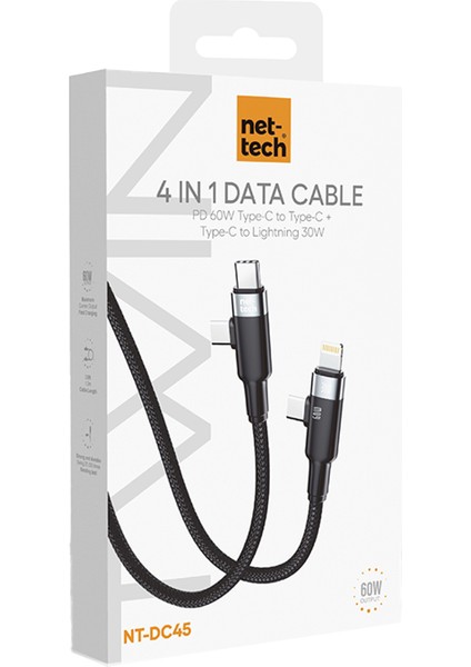 NT-DC45 60W+30W Plastik 100 cm Type-C To Type-C+Lightning Şarj ve Data Kablosu