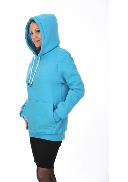 Unisex Mavi Kapüşonlu Kanguru Cepli Soğuğa Dayanıklı Spor Sweatshirt