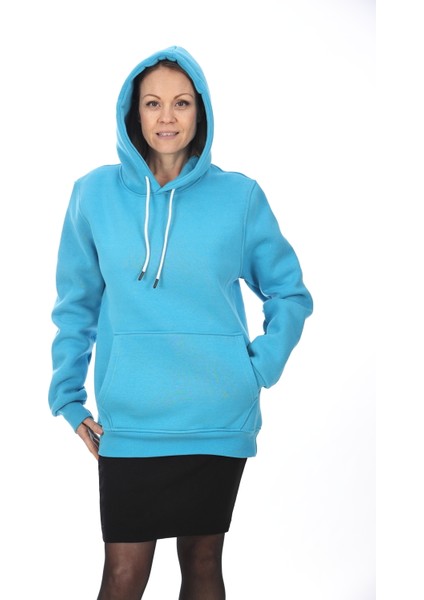 Unisex Mavi Kapüşonlu Kanguru Cepli Soğuğa Dayanıklı Spor Sweatshirt fiyatları