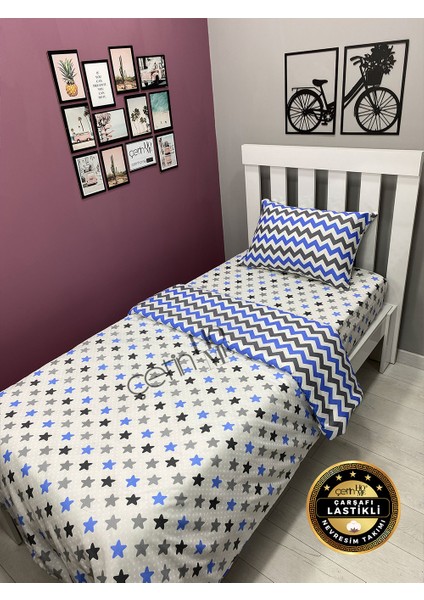 Çetinhome Çarşafı Lastikli Tek Kişilik Nevresim Takımı Mavi Yıldız Zikzak