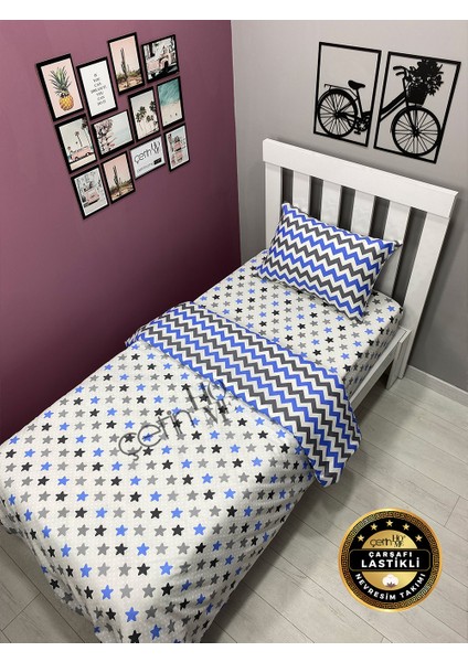 Çetinhome Çarşafı Lastikli Tek Kişilik Nevresim Takımı Mavi Yıldız Zikzak