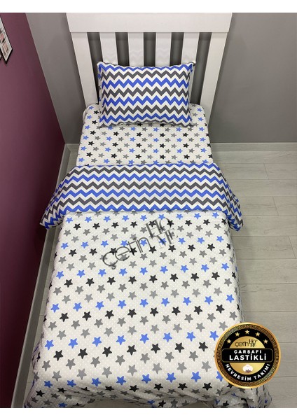 Çetinhome Çarşafı Lastikli Tek Kişilik Nevresim Takımı Mavi Yıldız Zikzak