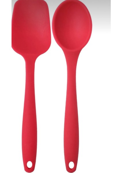 By Birgül Kırmızı Büyük Boy Silikon Yanmaz Yapışmaz Düz Spatula+ Kaşık 2’Li Set