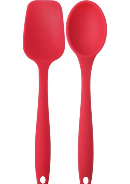 By Birgül Kırmızı Büyük Boy Silikon Yanmaz Yapışmaz Düz Spatula+ Kaşık 2’Li Set