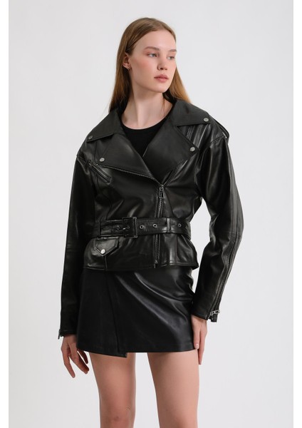 Kadın Oversize Biker Deri Ceket