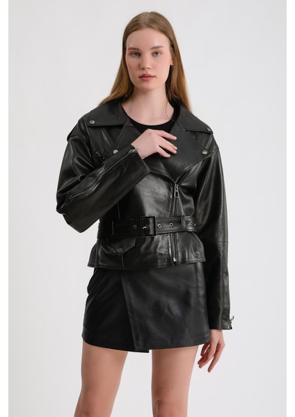Kadın Oversize Biker Deri Ceket