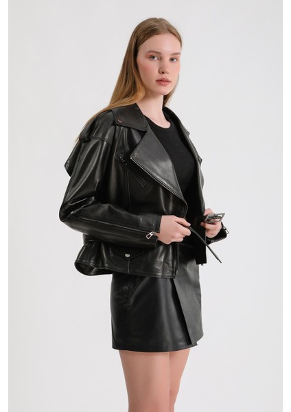 Kadın Oversize Biker Deri Ceket