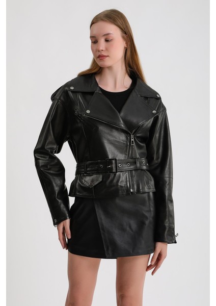 Kadın Oversize Biker Deri Ceket