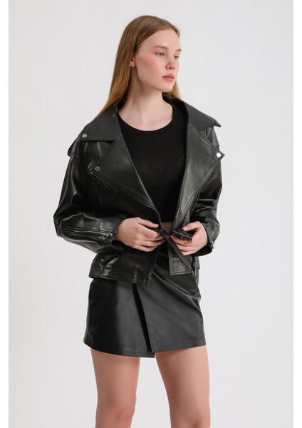 Kadın Oversize Biker Deri Ceket
