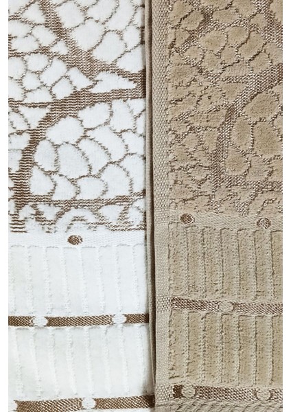 2 Li Jakarlı Kadife Yaprak Desenli Lüks El Yüz Havlu Seti 50 x 90 cm Pamuklu