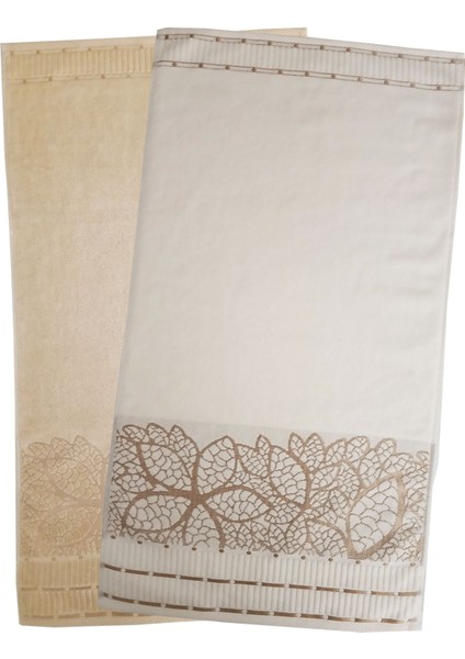 2 Li Jakarlı Kadife Yaprak Desenli Lüks El Yüz Havlu Seti 50 x 90 cm Pamuklu
