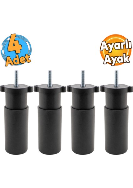 (4 Adet) Ayarlanabilir 9.5 cm Siyah Mobilya Kanepe Baza Koltuk Vidalı Orta Destek Ayağı Ayakları