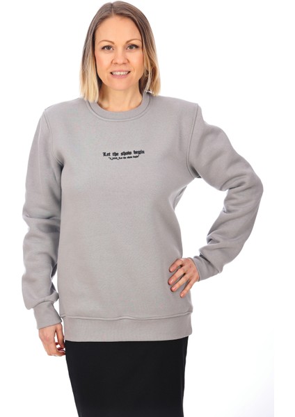 Pamuklu Gri Oversize "let The Show Begin" Baskılı Sweatshirt fiyatları