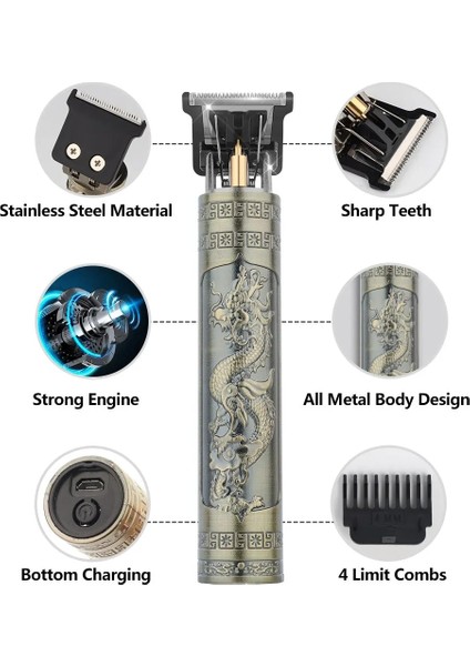 Bronz1 Tarzı Vintage T9 Elektrikli Saç Kesme Makinesi Saç Kesme Makinesi Profesyonel Erkek Tıraş Makinesi Şarj Edilebilir Berber Giyotin Erkekler Için Ejderha Buda (Yurt Dışından) modelleri