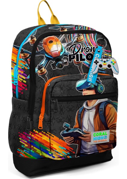 Kids Siyah Drone Pilot Desenli Dört Bölmeli Okul Sırt Çantası 23780