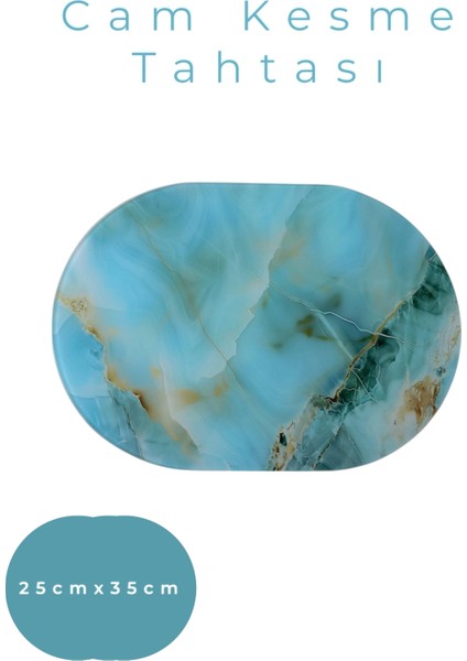 Cam Kesme Tahtası* Mutfak Tahtası Oval 25X35CM Mermer Turkuaz Altın Görünümlü