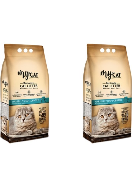 Mycat (10 Lt) Topaklanan Bentonit Kedi Kumu Marsilya Sabun Kokulu (Kalın Tane) (2 Adet)