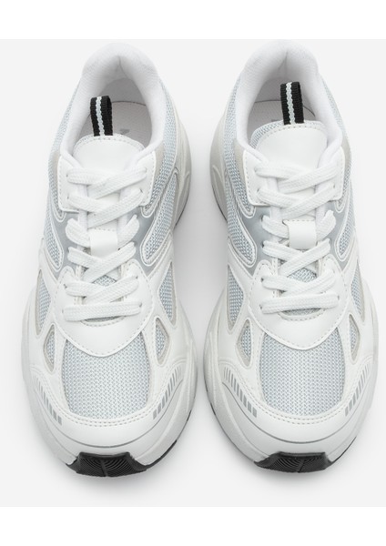 Kadın Sneaker Kalın Taban Bağcıklı File Detaylı Spor Ayakkabı Yuvez Beyaz
