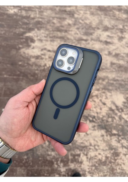 Apple iPhone 15 Lacivert King Magsafe Kamerası Camlı ve Standlı Telefon Kılıfı