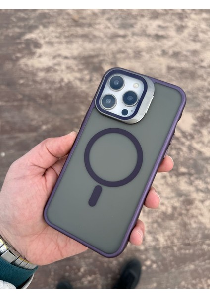 Apple iPhone 11 Mor King Magsafe Kamerası Camlı ve Standlı Telefon Kılıfı