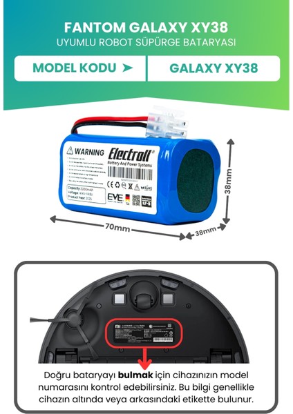 Fantom Galaxy XY38 Uyumlu Batarya (Ultra Yüksek Kapasite) 3200MAH Pil Robot Süpürge Bataryası