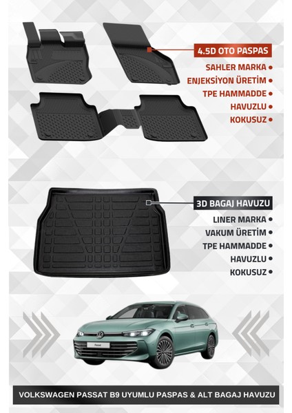Volkswagen Passat Variant B9 2024+ Uyumlu 4.5d Sahler Premium Paspas + Liner Marka 3D Alt Bagaj Havuzu - Passat Variant B9
