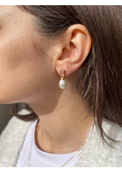 Blue GOLD18K Kare Taşlı Inci Sallantılı Küpe