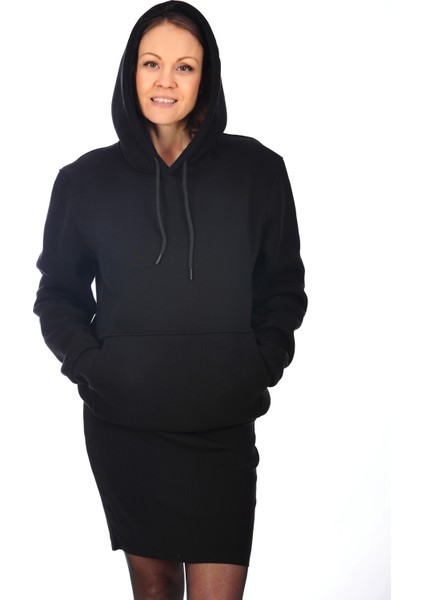 Unisex Siyah Kapüşonlu Kanguru Cepli Soğuğa Dayanıklı Spor Sweatshirt