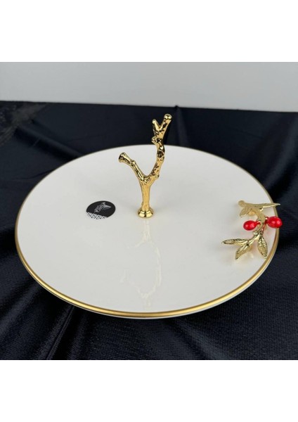 Kızılcık Gold Yaldızlı Porselen Tek Katlı 25CM Sunumluk 25X25X15CM