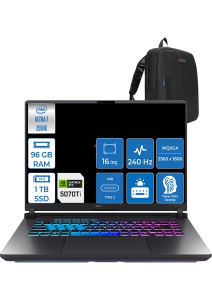 Rog Strix G16 Intel Core Ultra 7 255HX 96GB Ddr5 1tb SSD 12GB/RTX5070TI/175W Windows 11 Home 16" 2.5k 240Hz Wqxga Yapay Zeka Destekli Taşınabilir Bilgisayar G615LRH26 + Zettaçanta