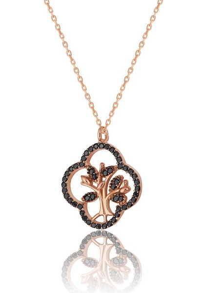 925 Ayar Gümüş Yonca Çerçeveli Hayat Ağacı Kolye ZS0029KLY Rose-Siyah Renk Tek Ebat Beden