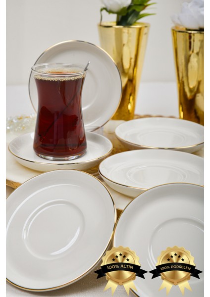 Şems 6 Parça Altın Yaldız Porselen Çay Tabağı Seti