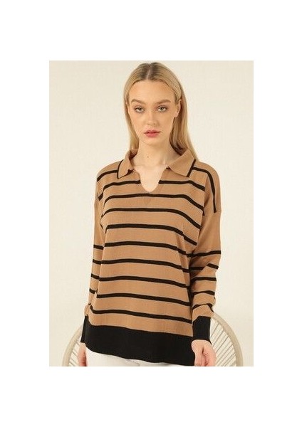 Kamel Siyah Çizgili Polo V Yaka Ince Triko Kazak