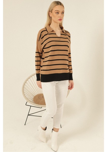 Kamel Siyah Çizgili Polo V Yaka Ince Triko Kazak fiyatları