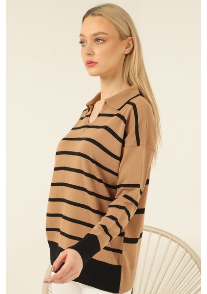 Kamel Siyah Çizgili Polo V Yaka Ince Triko Kazak modelleri