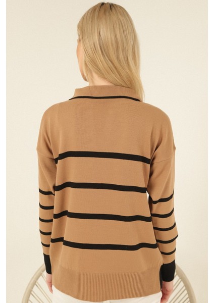 Kamel Siyah Çizgili Polo V Yaka Ince Triko Kazak fırsatları