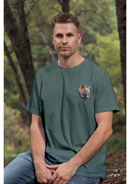 Unisex T-Shirt, Animals, Aslan Tasarım Baskılı, Regular, %100 Pamuk, Koyu Yeşil T-Shirt NO:00391 modelleri