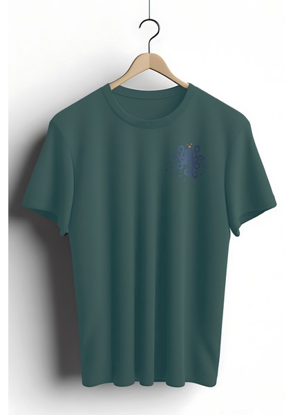 Unisex T-Shirt, Kraken Loves Boat Tasarım Baskı, Regular, %100 Pamuk, Koyu Yeşil T-Shirt NO:00445