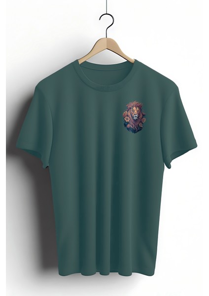 Unisex T-Shirt, Animals, Aslan Tasarım Baskılı, Regular, %100 Pamuk, Koyu Yeşil T-Shirt NO:00318