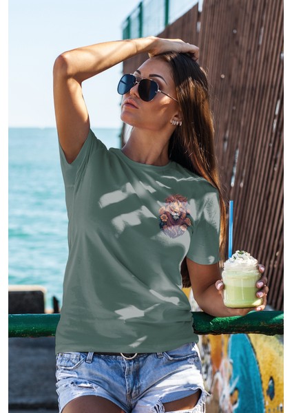 Unisex T-Shirt, Animals, Aslan Tasarım Baskılı, Regular, %100 Pamuk, Koyu Yeşil T-Shirt NO:00318 fiyatları