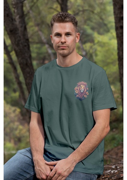 Unisex T-Shirt, Animals, Aslan Tasarım Baskılı, Regular, %100 Pamuk, Koyu Yeşil T-Shirt NO:00318 modelleri