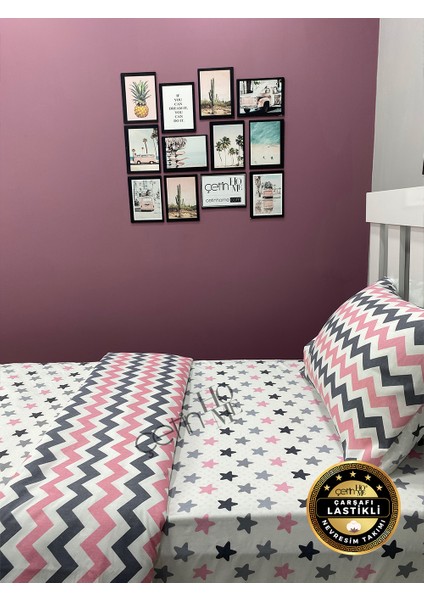 Çetinhome Çarşafı Lastikli Tek Kişilik Nevresim Takımı Pudra Yıldız Zikzak