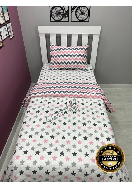 Çetinhome Çarşafı Lastikli Tek Kişilik Nevresim Takımı Pudra Yıldız Zikzak