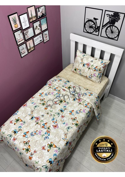 Çetinhome Çarşafı Lastikli Tek Kişilik Nevresim Takımı Kelebek Krem