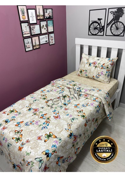 Çetinhome Çarşafı Lastikli Tek Kişilik Nevresim Takımı Kelebek Krem