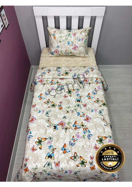 Çetinhome Çarşafı Lastikli Tek Kişilik Nevresim Takımı Kelebek Krem