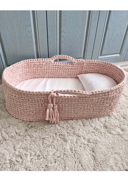 Örgü Bebek Puseti - Puset Beşik - Bebek Yatağı - Moses Basket - Ana Kucağı - Baby Nest Pembe