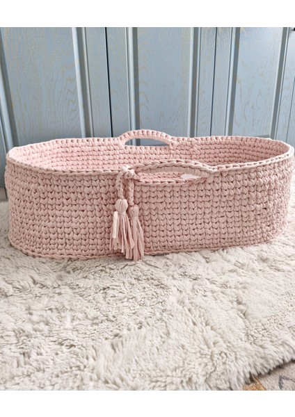 Örgü Bebek Puseti - Puset Beşik - Bebek Yatağı - Moses Basket - Ana Kucağı - Baby Nest Pembe