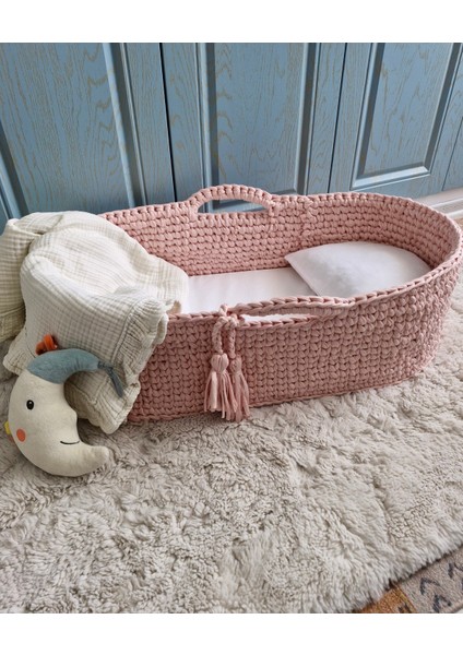 Örgü Bebek Puseti - Puset Beşik - Bebek Yatağı - Moses Basket - Ana Kucağı - Baby Nest Pembe
